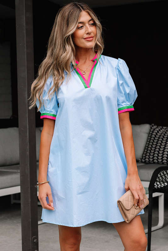 Myosotis Contrast Striped Notched V Neck Puff Sleeve Mini Dress