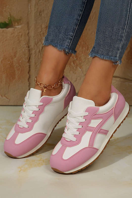 Pink Color Block Lace-up PU Leather Sneakers