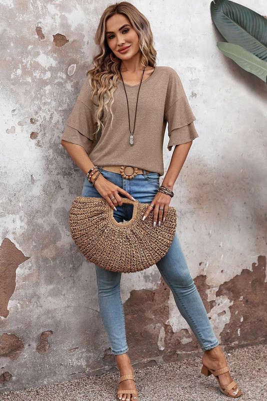 DUNE Solid Colour V-Neck Double Layer Sleeve Loose T-Shirt