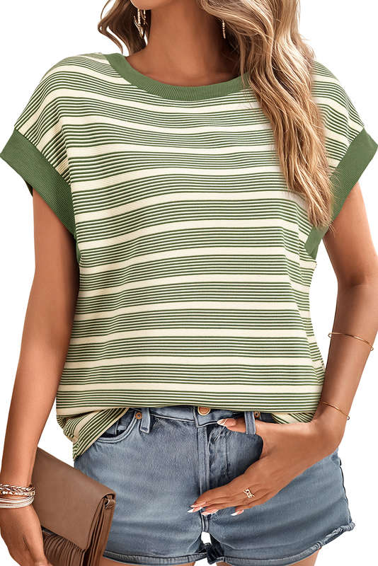 Green Stripe Contrast Edge Short Batwing Sleeve T Shirt