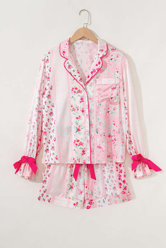 Pink Mixed Floral Print Contrast Piping Trim Satin Tie 2pcs Pajama Set