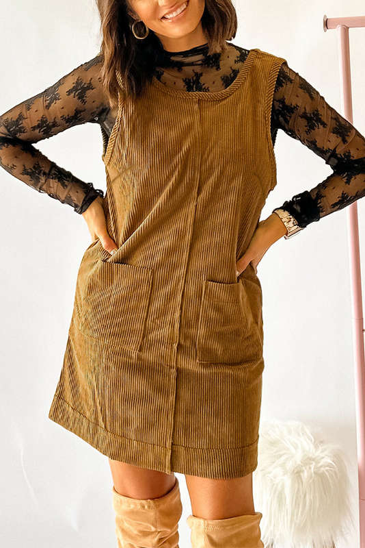 Beige Corduroy Sleeveless Mini Dress With Patched Pockets