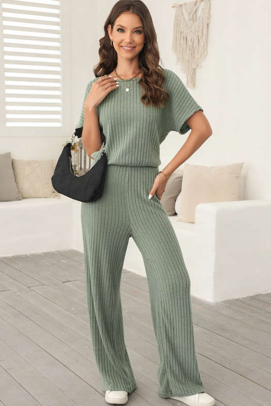 Laurel Green Ribbed Keyhole Short Sleeve Wide Leg Jumpsuit