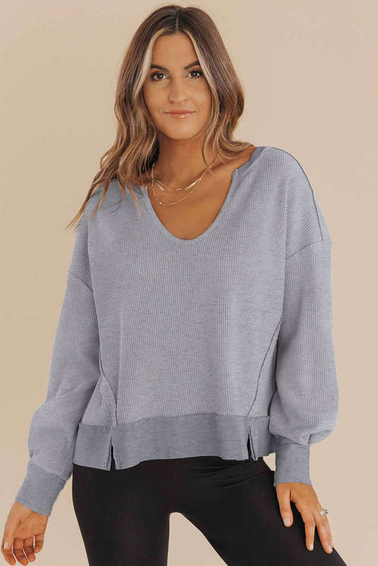 Gray Waffle Knit Notched V Neck Drop Shoulder Solid Sweatshirt