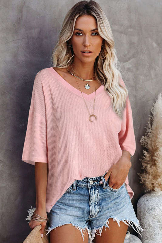 Light Pink Waffle Texture Ribbed V Neck Drop Shoulder Loose Tee