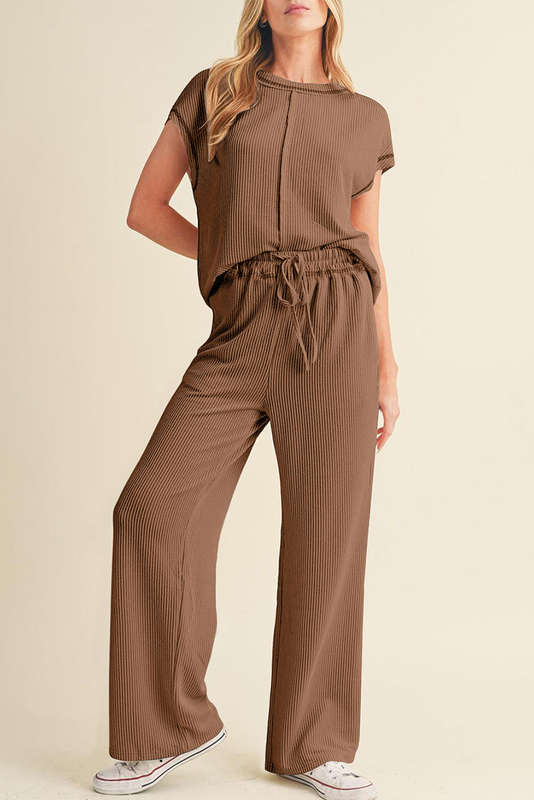Coffee Solid Color Corded Short Sleeve Top and Casual Pants Set