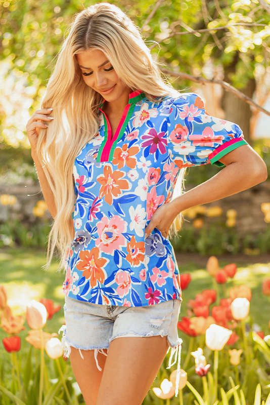 Sky Blue Floral Colorblock Edge Puff Sleeve Split Neck Blouse