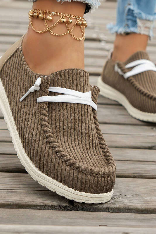 Coffee Solid Ribbed Criss Cross Slip On Casual Shoes