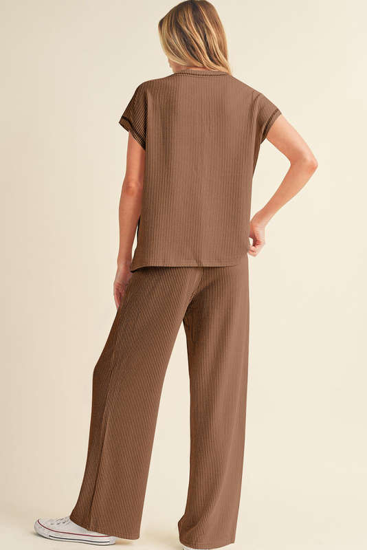 Coffee Solid Color Corded Short Sleeve Top and Casual Pants Set