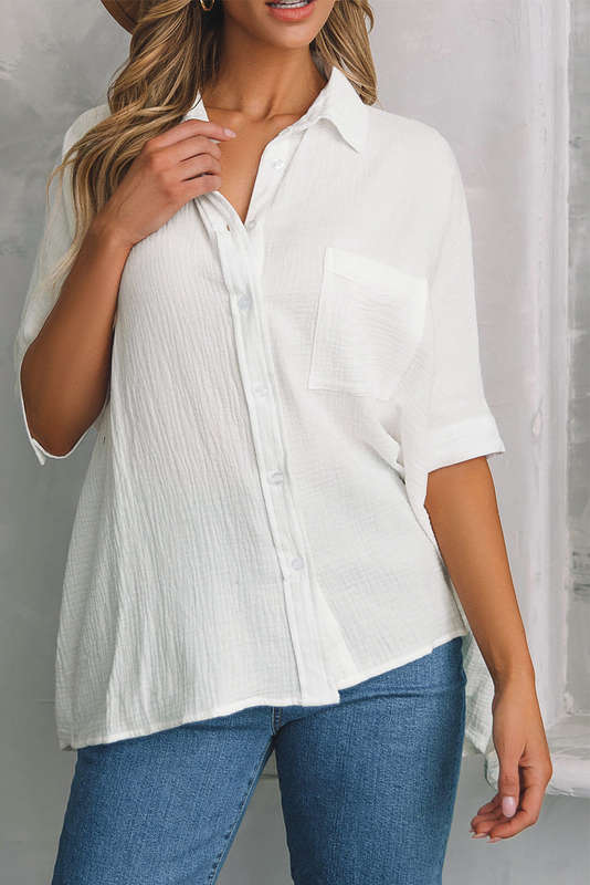 White Textured Cotton Gauze Single Chest Pocket 3 4 Sleeve Oversize Shirt
