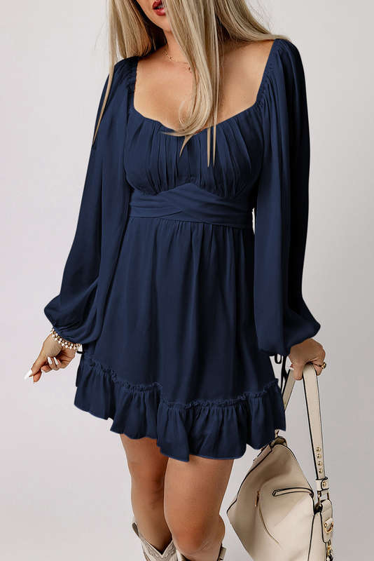 Blue White Plain Ruffled High Waist Square Neck Mini Dress