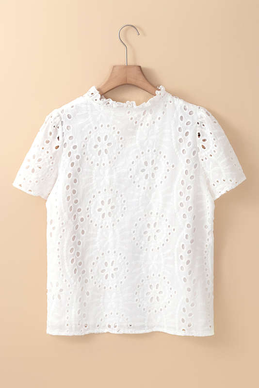 White Geometric Embroidery Hollow Out Blouse