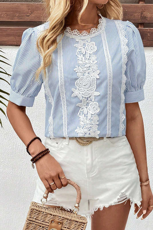 Sky Blue Stripe Floral Lace Splicing Puff Sleeve Blouse