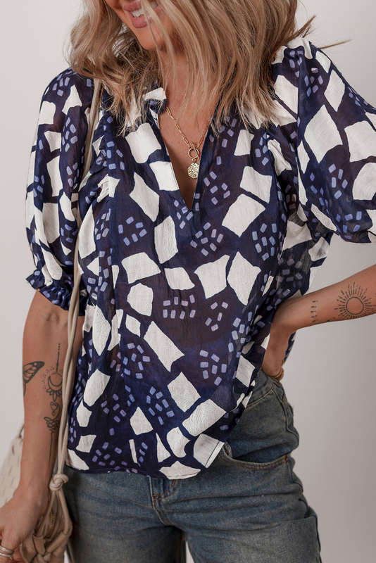 Blue Abstract Print Frilled Puff Sleeve V Neck Blouse