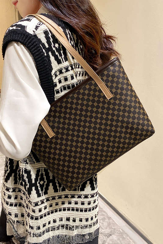 Dark Brown Geometric PU Leather Shoulder Bag