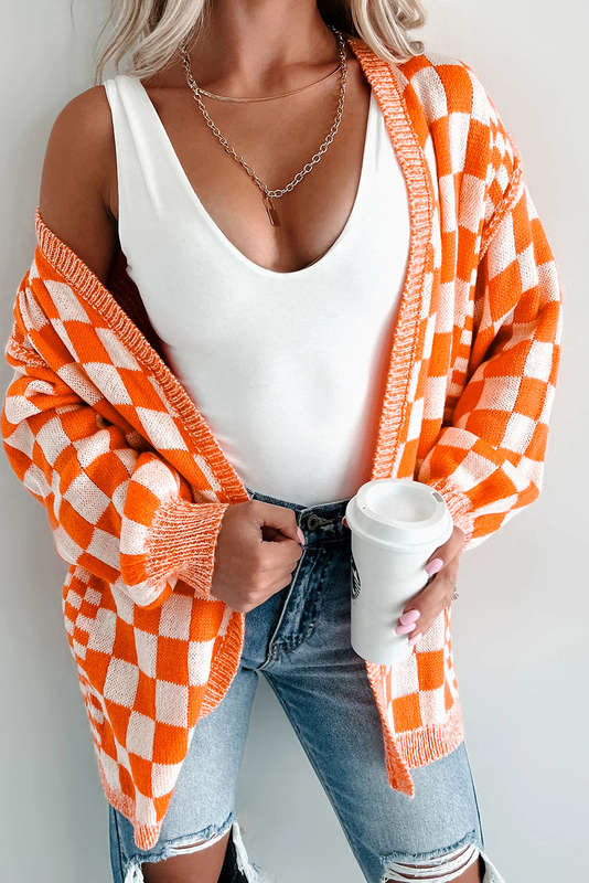 Orange Checkered Open Front Drop Shoulder Cardigan
