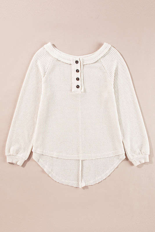 Oatmeal Waffle Knit Buttoned Front Raglan Sleeve Loose Blouse