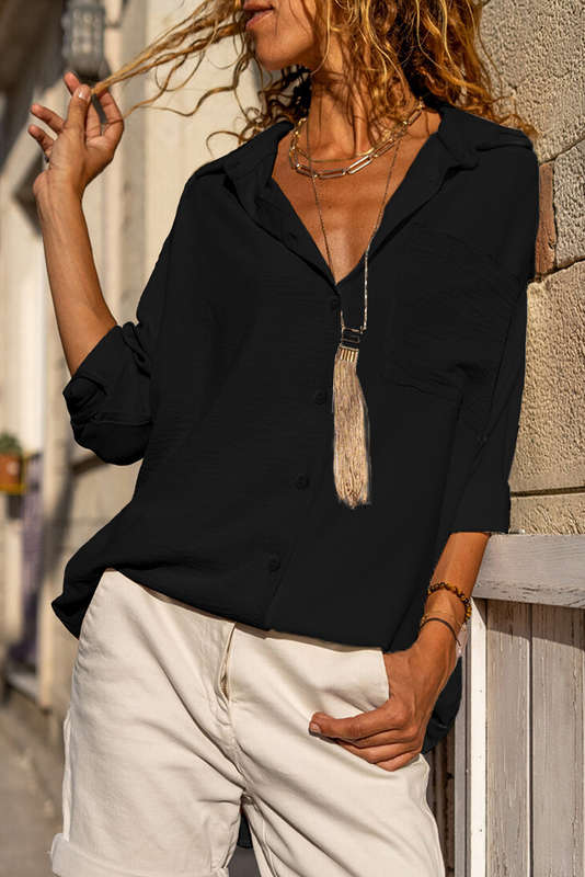 Black Pure Color Patch Pocket Shirt