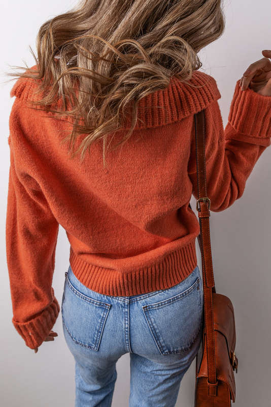 Flamingo Collared V Neck Ribbed Edge Sexy Elegant Sweater