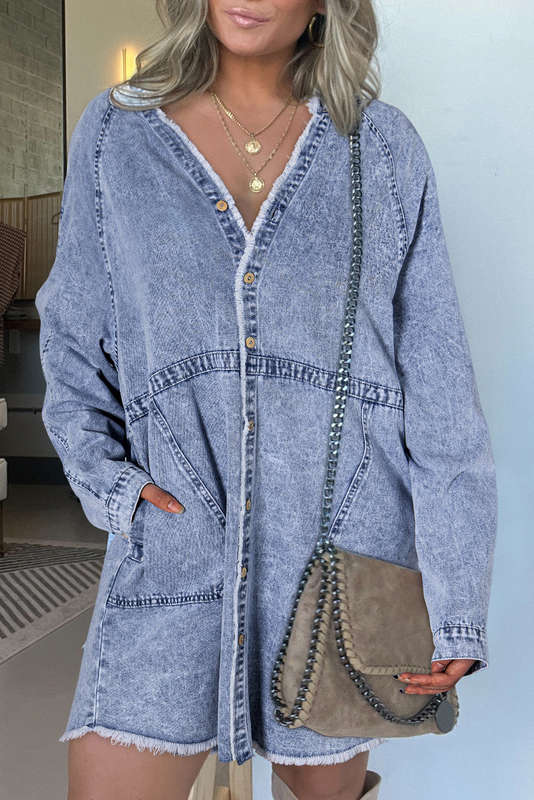 Blue V-Neck Knitted Summer Top with Exposed Seams