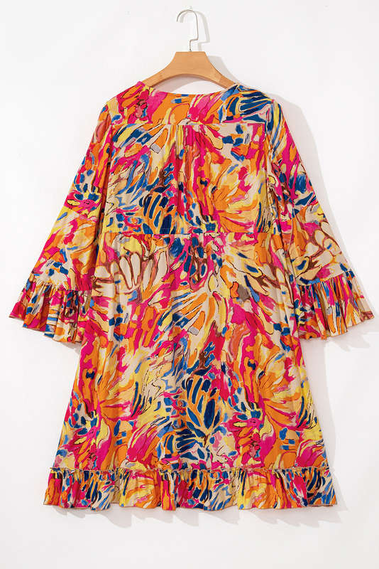 Pink Plant Print Flared Sleeve Ruffled Hem Tunic High Waist Flowy Dress