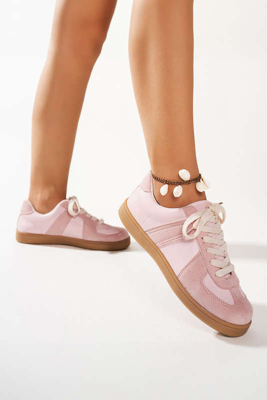 Pink Two Tone Faux Suede Leather Patched Lace-up Sneakers