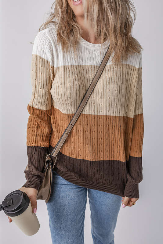 Khaki Colorblock Cable Knit Round Neck Sweater