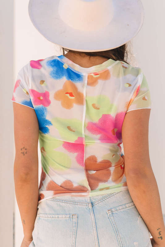 Multicolour Floral Mesh Lettuce Trim Cropped T Shirt
