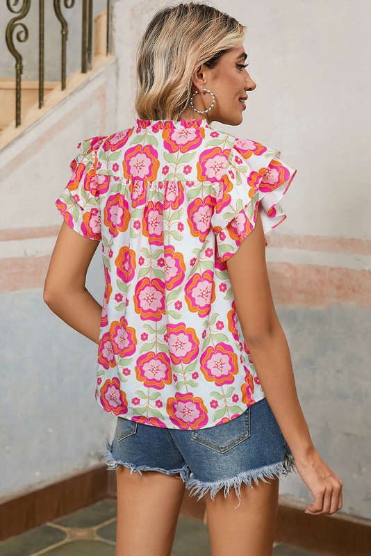 Rose Floral Ruffled Sleeve Ric-rac Trim Split Neck Loose Blouse
