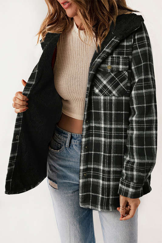 Black Plaid Pattern Sherpa Lined Hooded Shacket