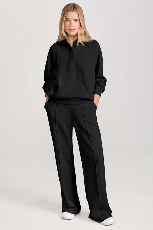 Black Solid Collared Sweatshirt and High Waist Pants Active Set