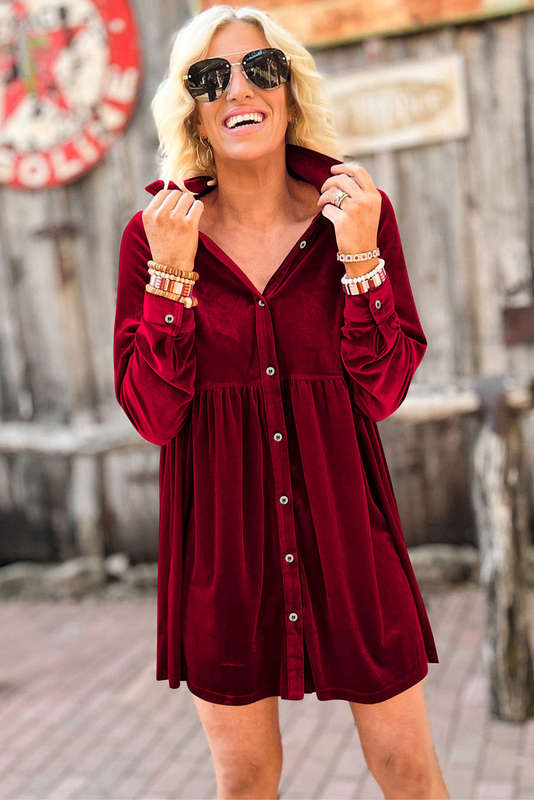 Red Long Sleeve Ruffle Velvet Button Up Dress