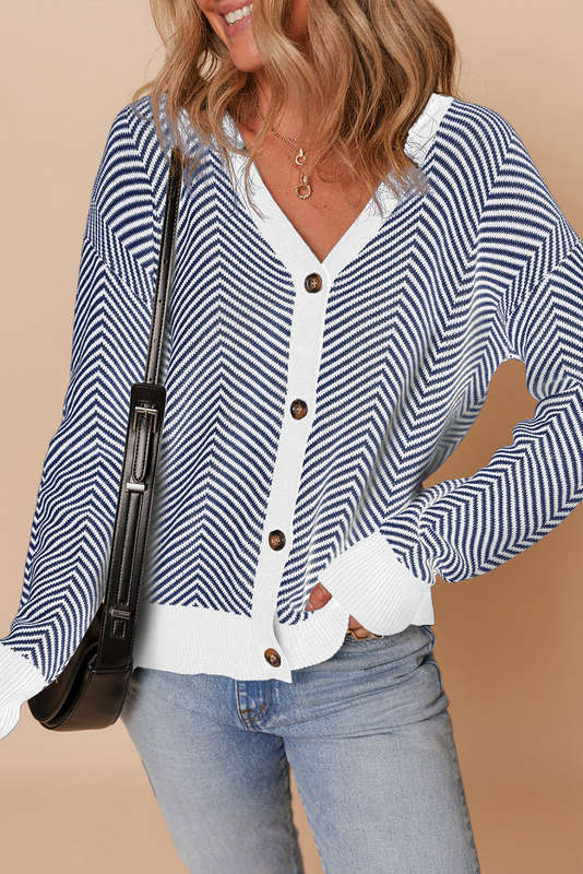 Blue Stripe Buttoned Front V Neck Herringbone Cardigan