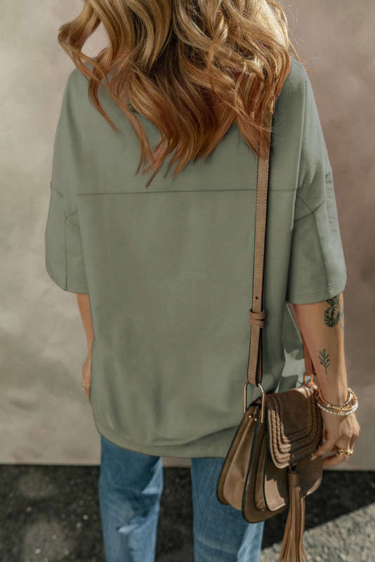 Jungle Green Exposed Seam Button Neck Wide Sleeve Tunic Top