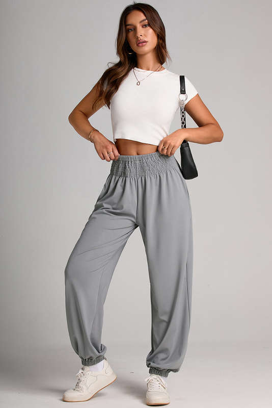 Gray Smocked High Waist Joggers