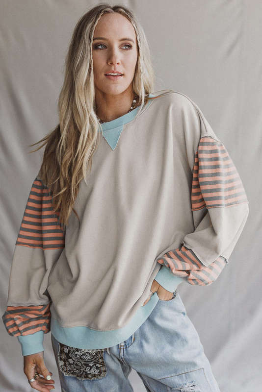 Jet Stream Striped Colorblock Patchwork Drop Shoulder Sweatshirt