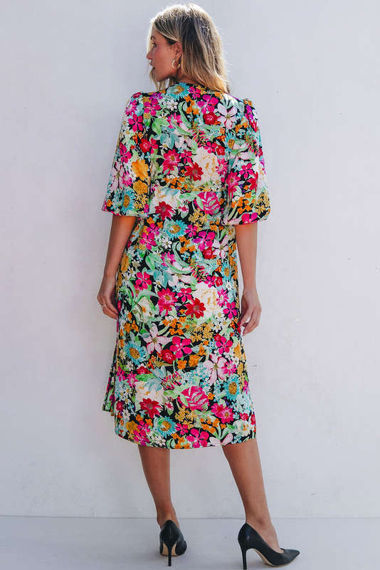 Green Floral Puff Sleeve V Neck Tassel Drawstring Dress