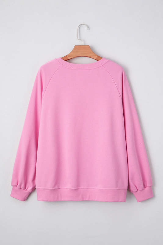 Bright Pink Lace Patched Raglan Sleeve Loose Fit Sweatshirt
