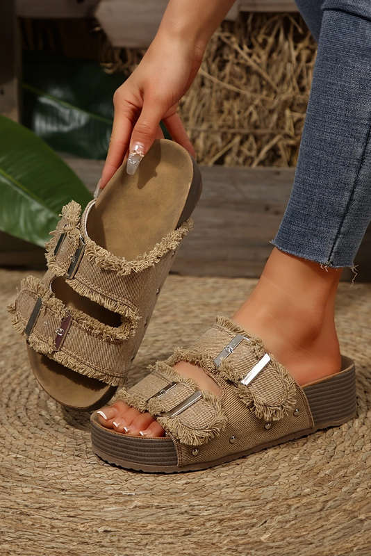 Pale Khaki Double Buckle Straps Hollow Out Frayed Detial Retro Slippers
