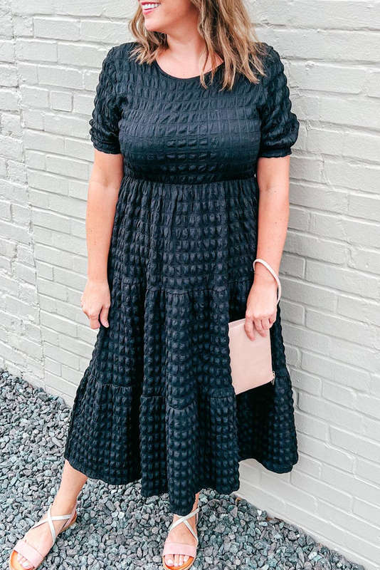 Black Plus Size Textured Tiered Short Sleeve Maxi Dress