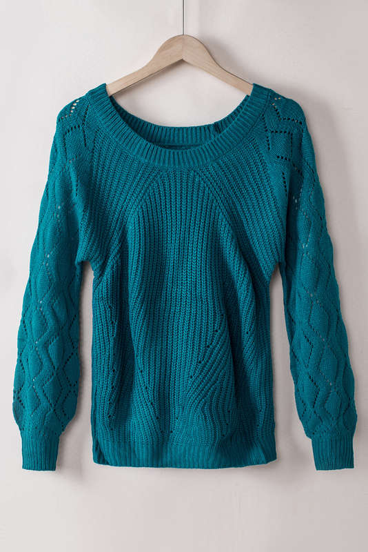 Blue-3 Hollow-out Puffy Sleeve Knit Sweater