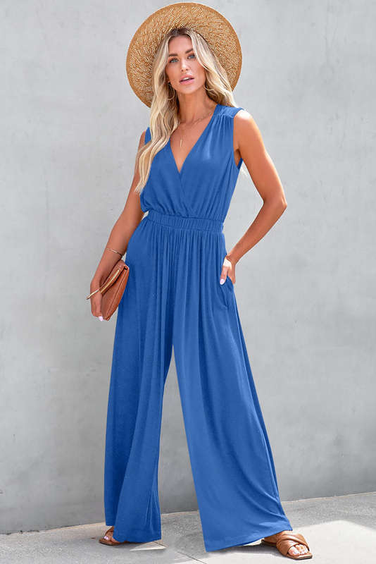 Sky Blue Deep V Pleated Crisscross Wide Leg Backless Jumpsuit