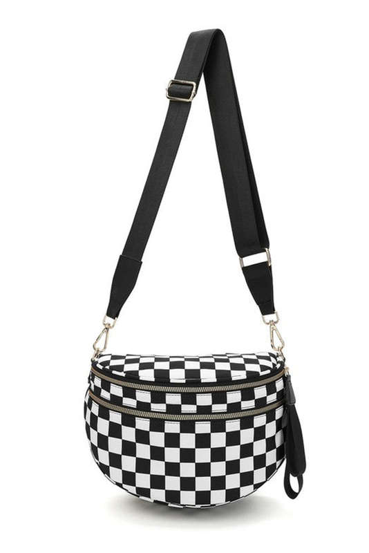 Color black Checkered Print Wide Strap Large Crossbody Bag