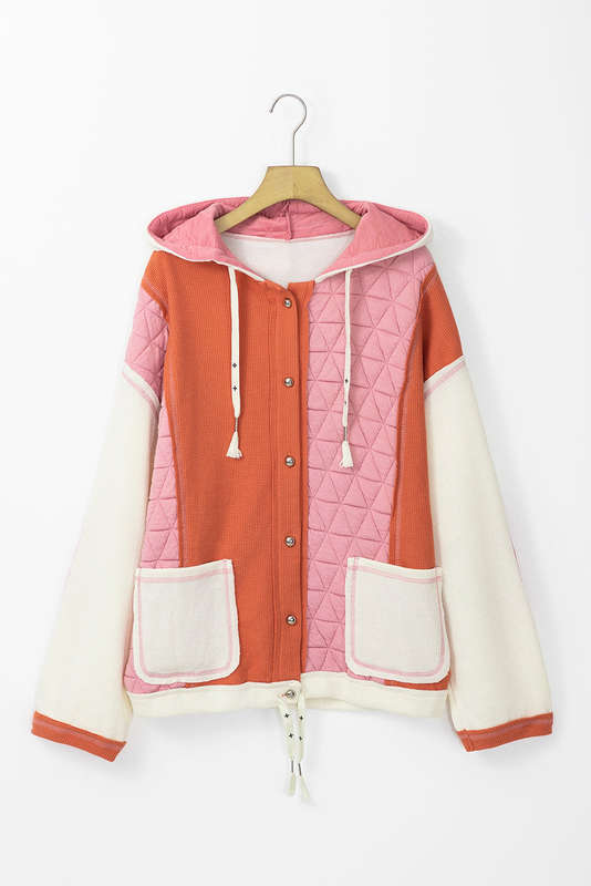 Coral Quilted Textured Patchwork Loose Fit Hooded Jacket