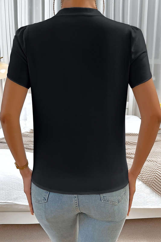Black Silky Notched Neckline Petal Sleeve Blouse