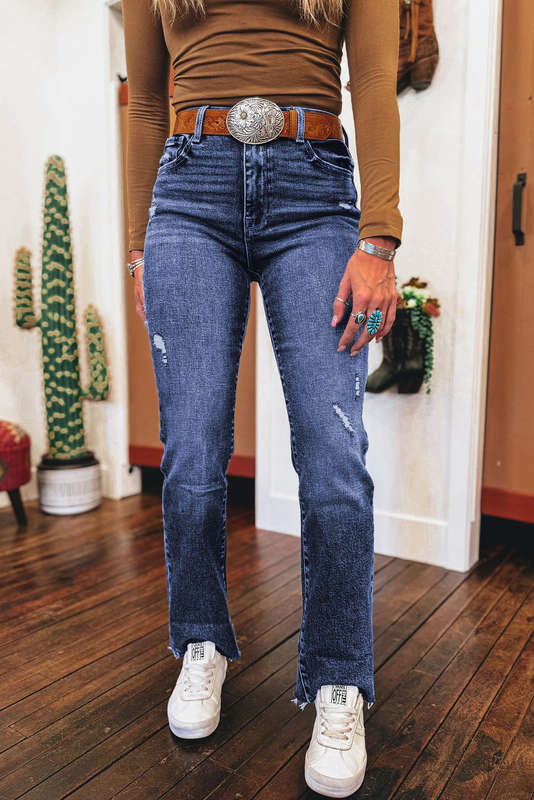Real Teal Folded Cuffs Distressed Straight High Waist Jeans