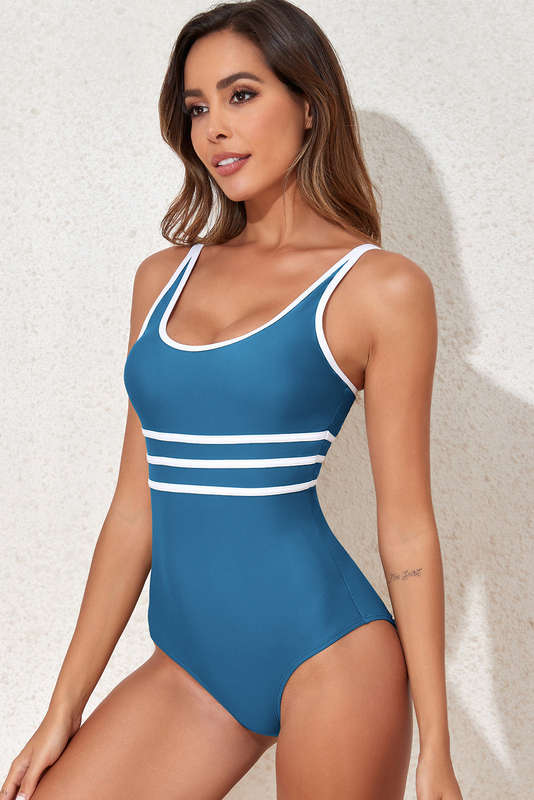 Dark Blue Contrast Trim Colorblock U Neck One Piece Swimwear