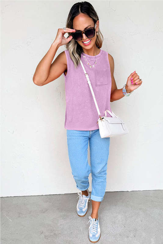 Phalaenopsis Mineral Wash Patched Chest Pocket Casual Tank Top