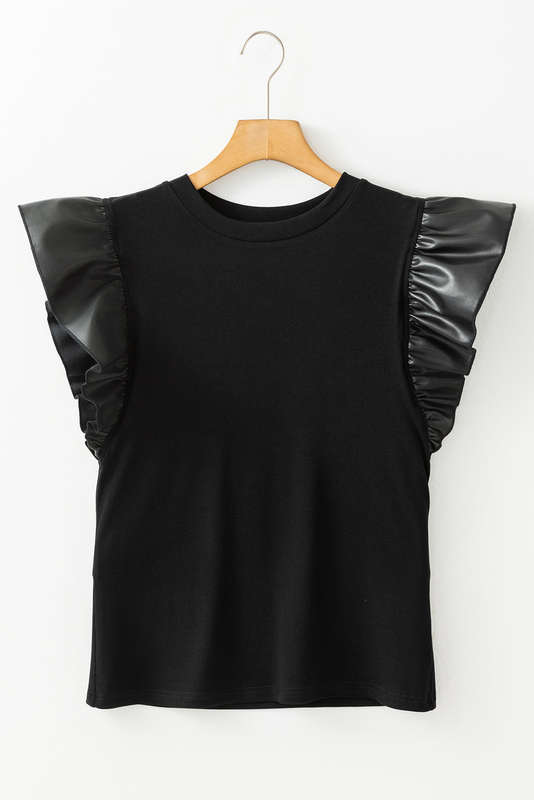 Black Leather Ruffle Sleeve Patchwork Round Neck Blouse