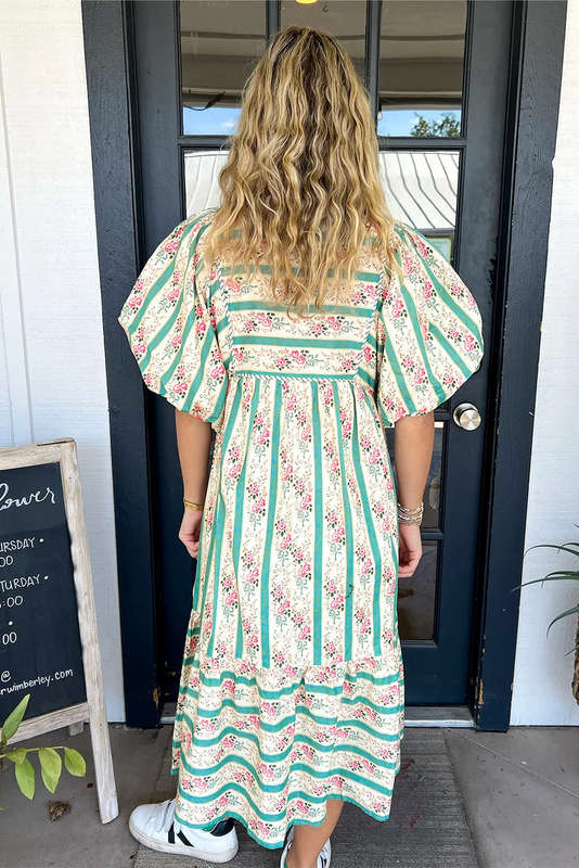 Multicolour Striped Floral Print Tie Split Neck Puff Sleeve Midi Dress